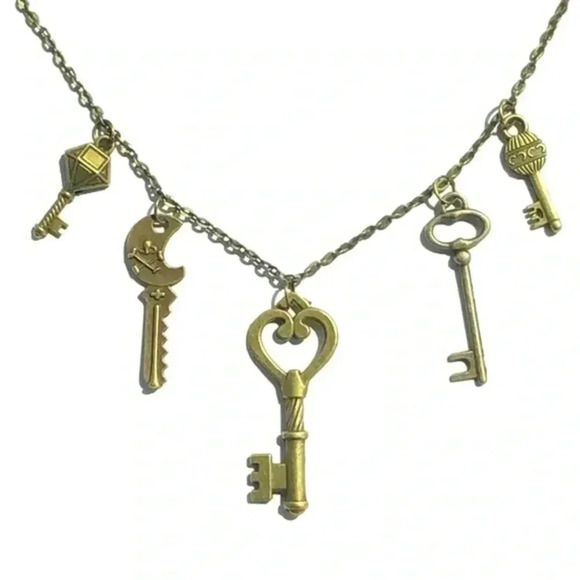 Antiqued Brass 5 Key Charm Steampunk Handmade Necklace B